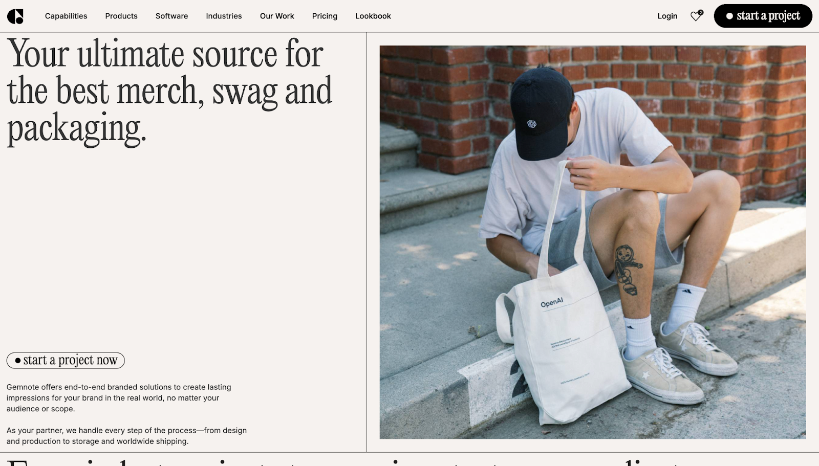 A screenshot of Gemnote's website, with a product image of a man with a tote bag on the right and text on the left against a light beige background.