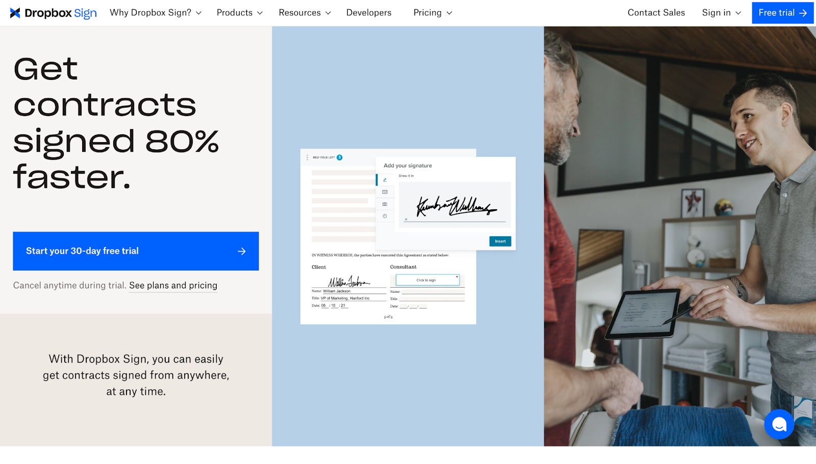 A screenshot of Dropbox Sign's website showing header text, a 30-day free trial button, and visuals of the tool in action.