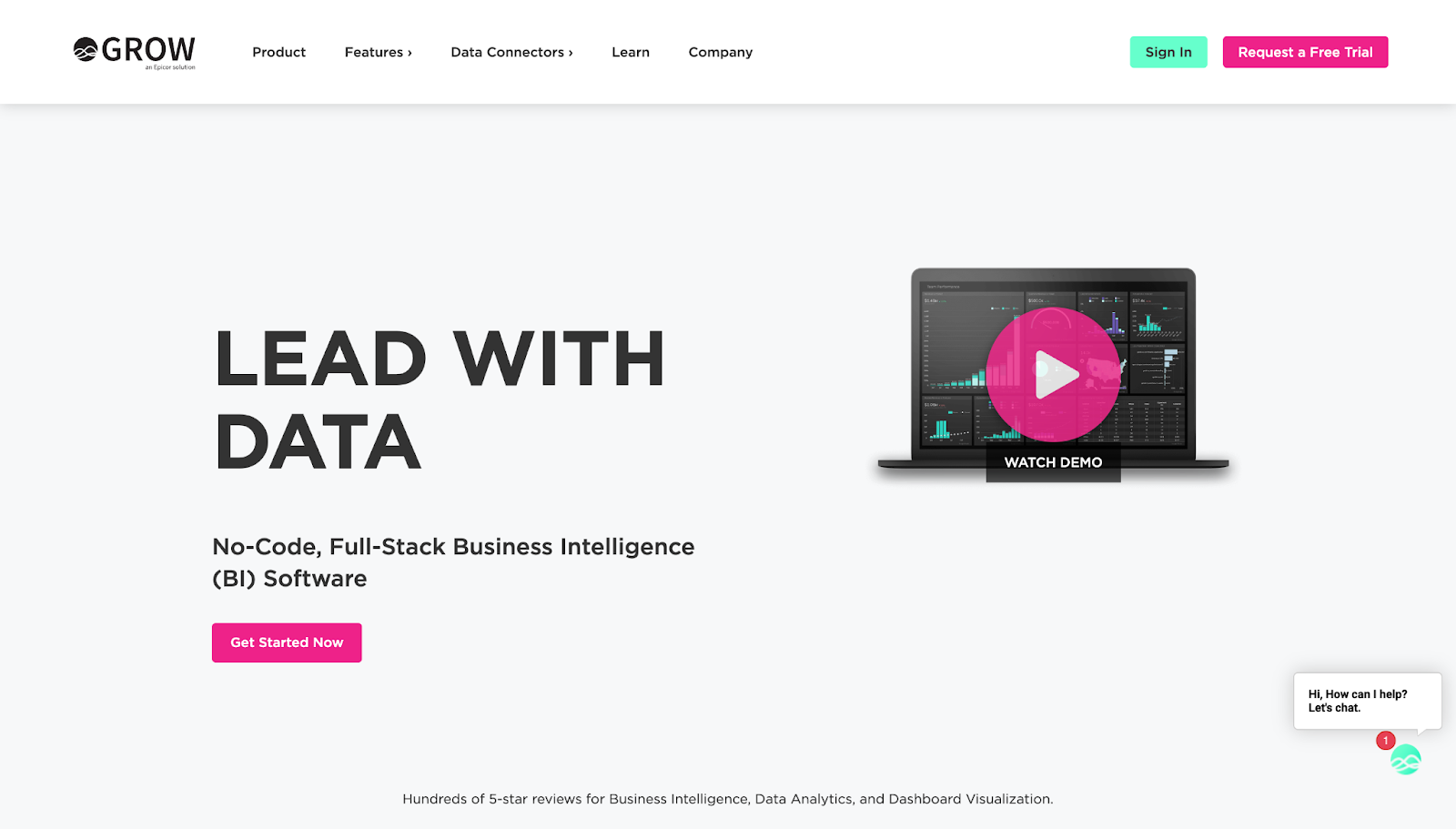 A screenshot of Grow's website with the text “Lead with data” on the left and a “Watch demo” video on the right.