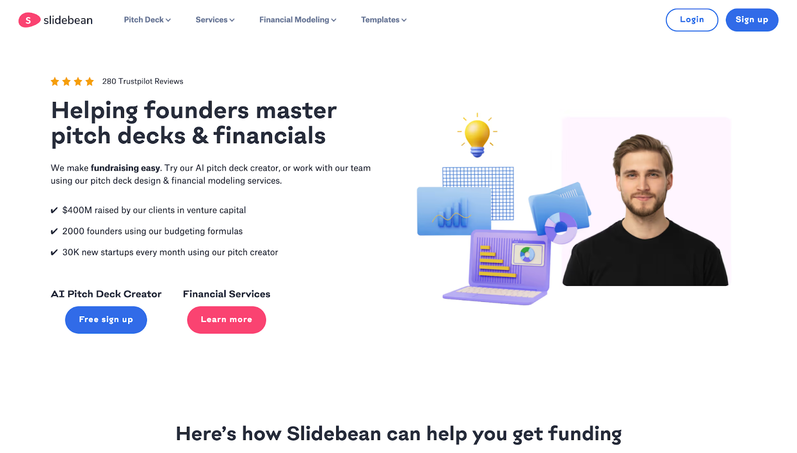 A screenshot of Slidebean's website with header text, statistical bullet points, boldly colored CTAs, and an image of a man with charts and graphs.