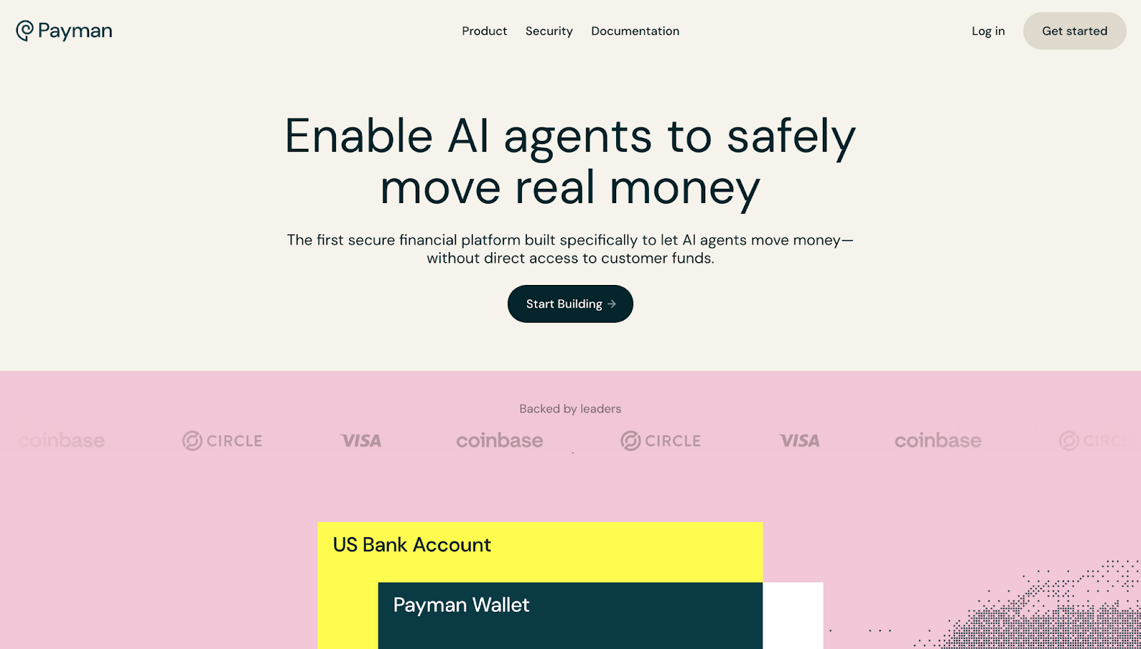 A screenshot of Payman's website showing a half-beige, half-pink header with text, client logos, and graphics.