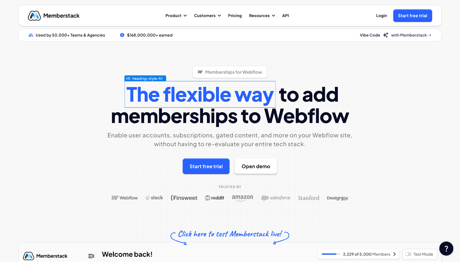 A screenshot of Memberstack's website showing part of the header text outlined in a flexbox-like design, along with CTA buttons and a list of client logos.