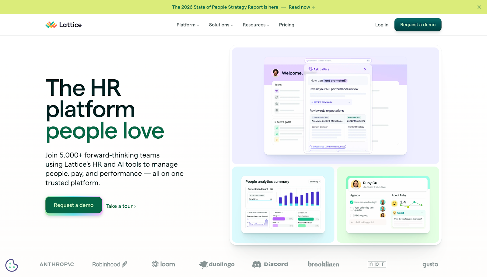 A screenshot of Lattice's website showing a bright green notification bar, dark green CTAs, and images of the tool’s user interface.