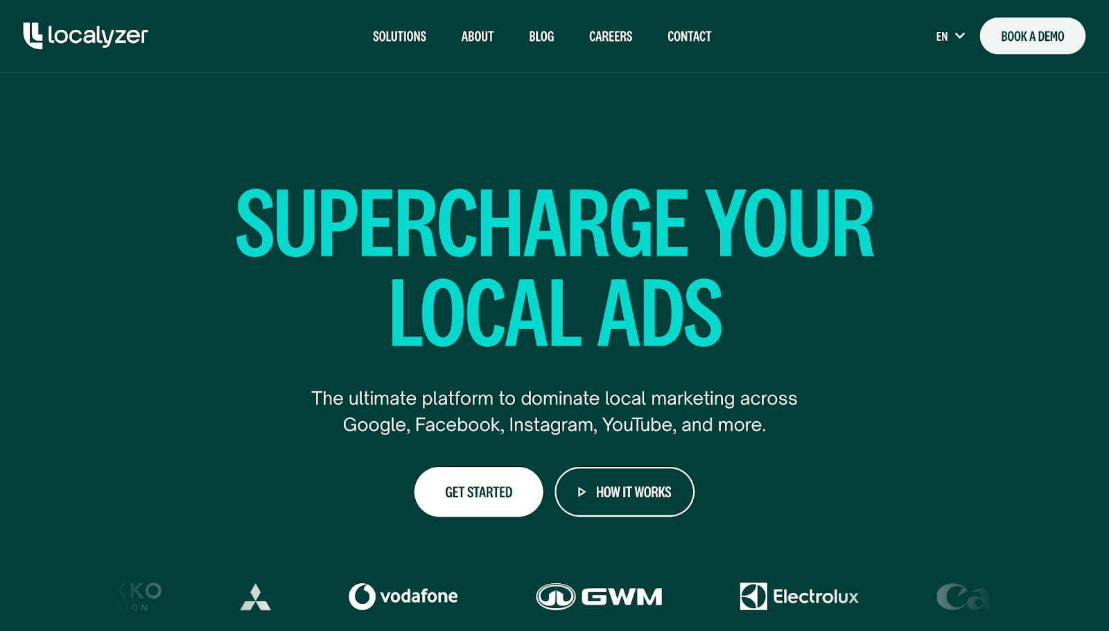 A screenshot of Localyzer's website with a dark background, teal text, CTA buttons, and client logos.