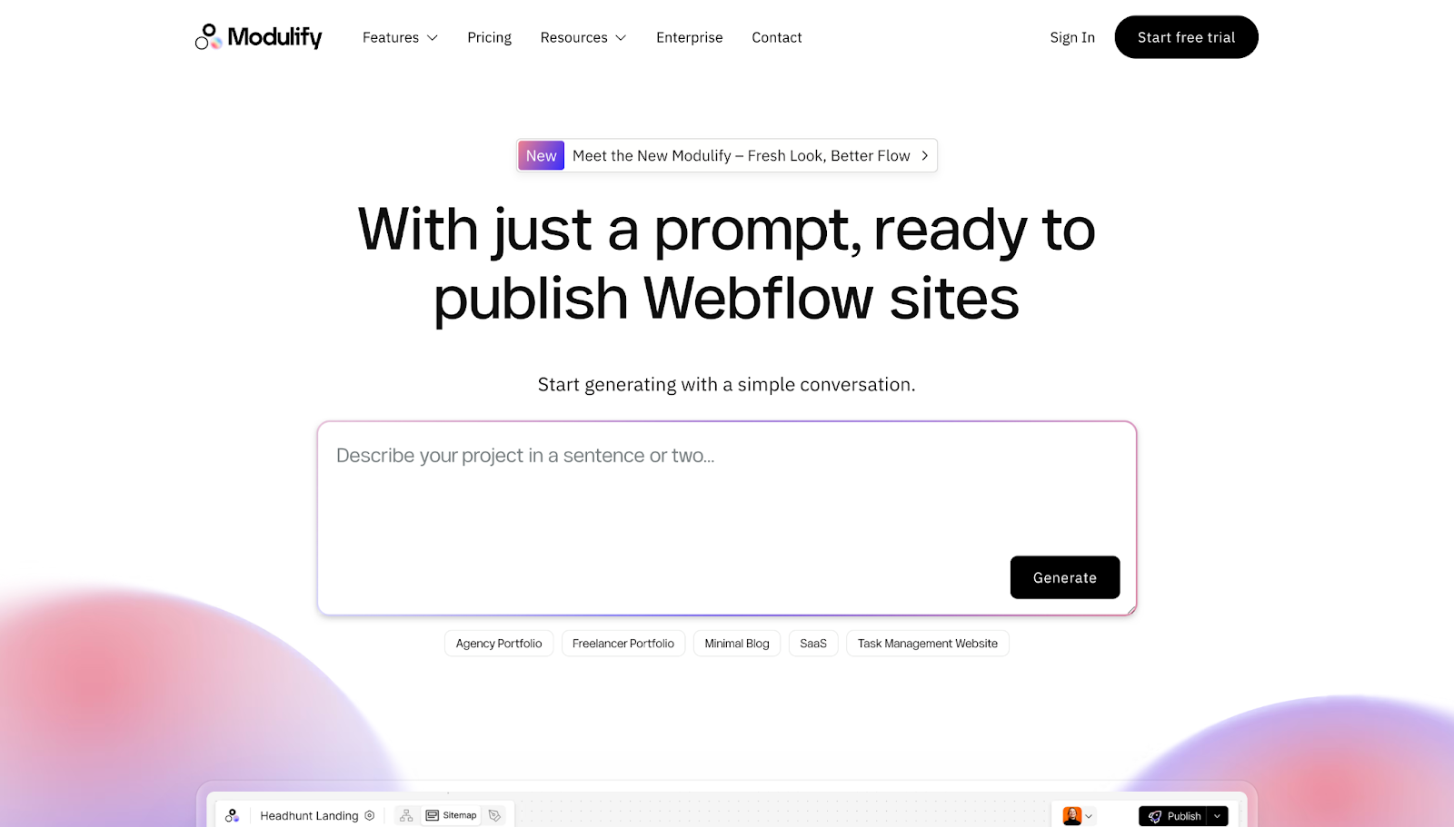 A screenshot of Modulify's website with header text and a prompt box, against a white background with 3D ball-like elements.