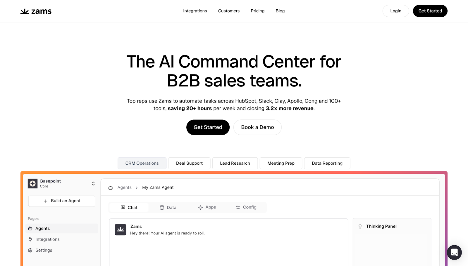 A screenshot of Zams' website, showing black text on a white background with monochromatic CTA buttons and screenshots of the tool.