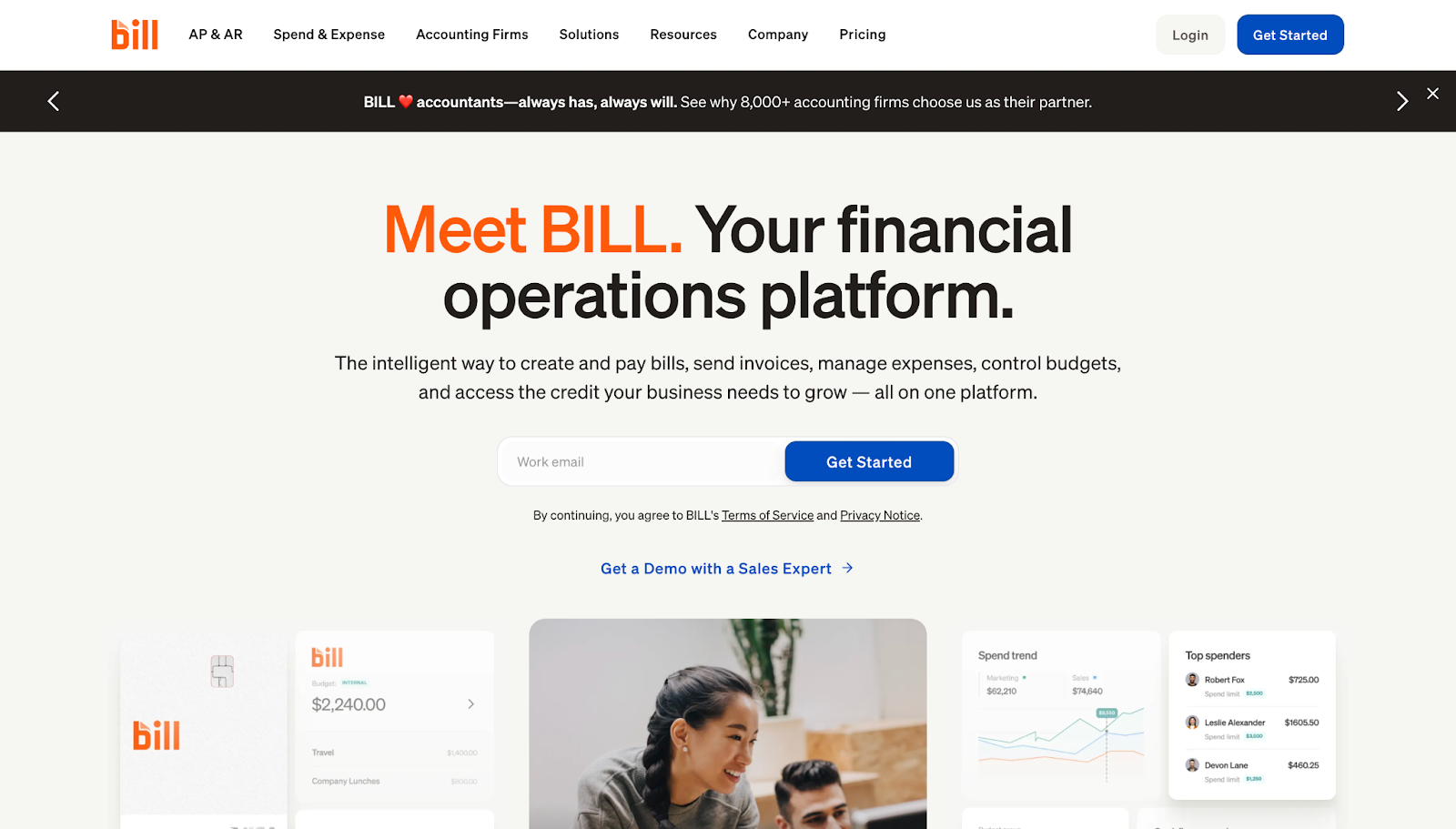 A screenshot of BILL's website with a menu, notification bar, heading text, contact form, and screenshots of the tool.
