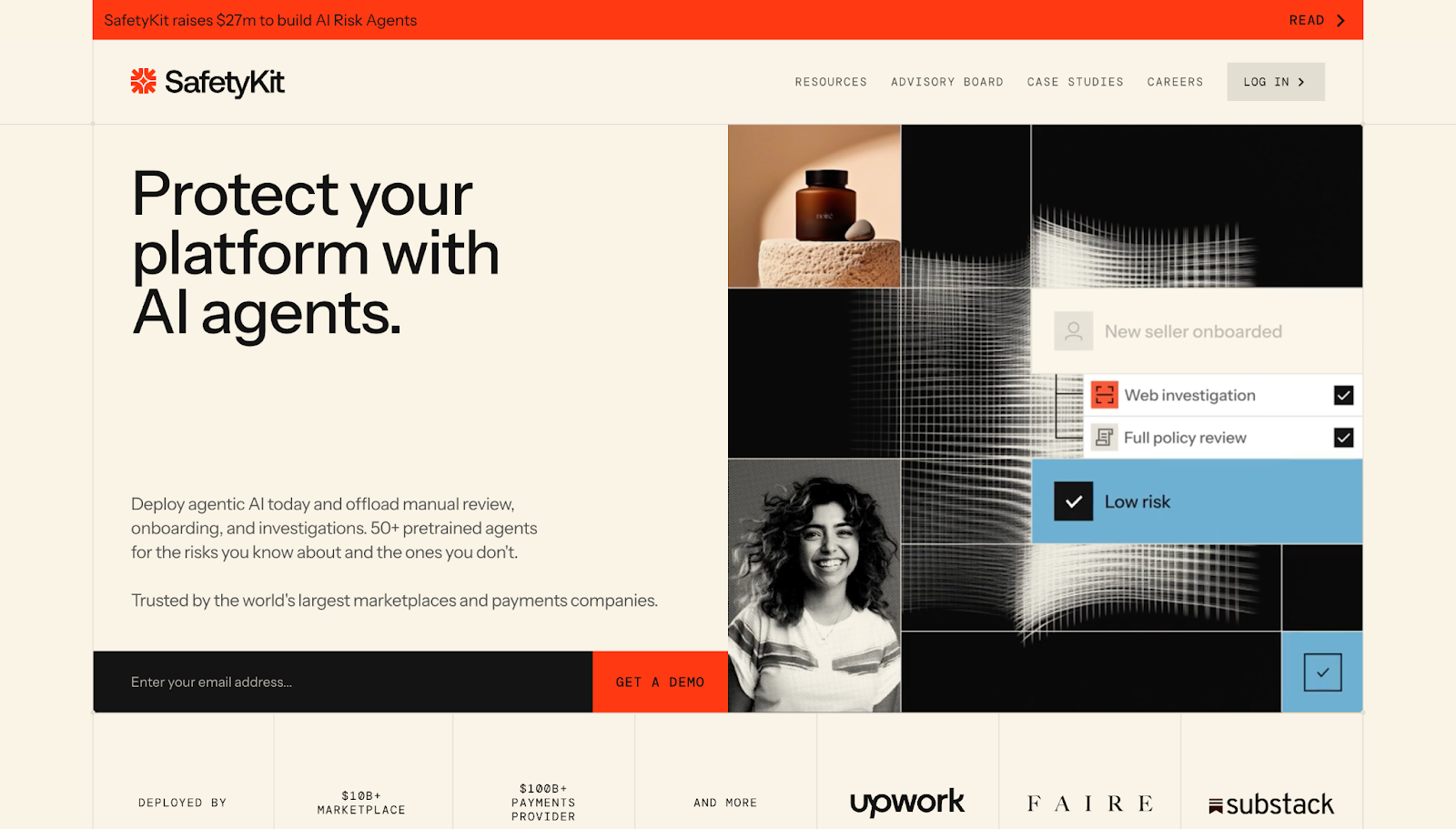 A screenshot of SafetyKit's website with visuals, the text “Protect your platform with AI agents,” and client logos.