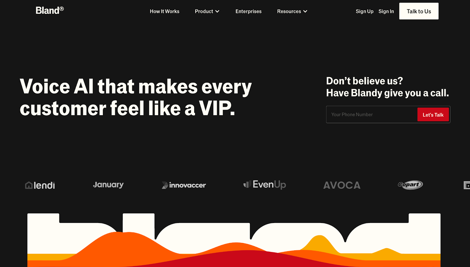 A screenshot of Bland's website, showing white text on a black background with a large logo under waveform animations in yellow, orange, and red.