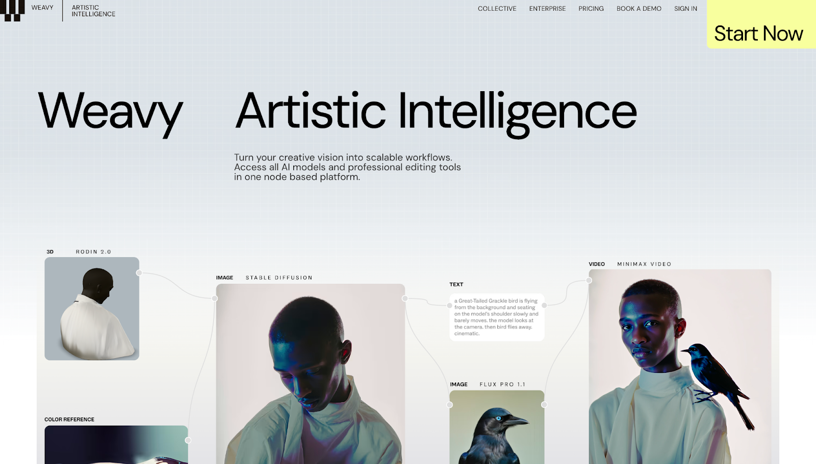 A screenshot of Weavy's website showing AI-generated visuals produced within the platform against a gray background.