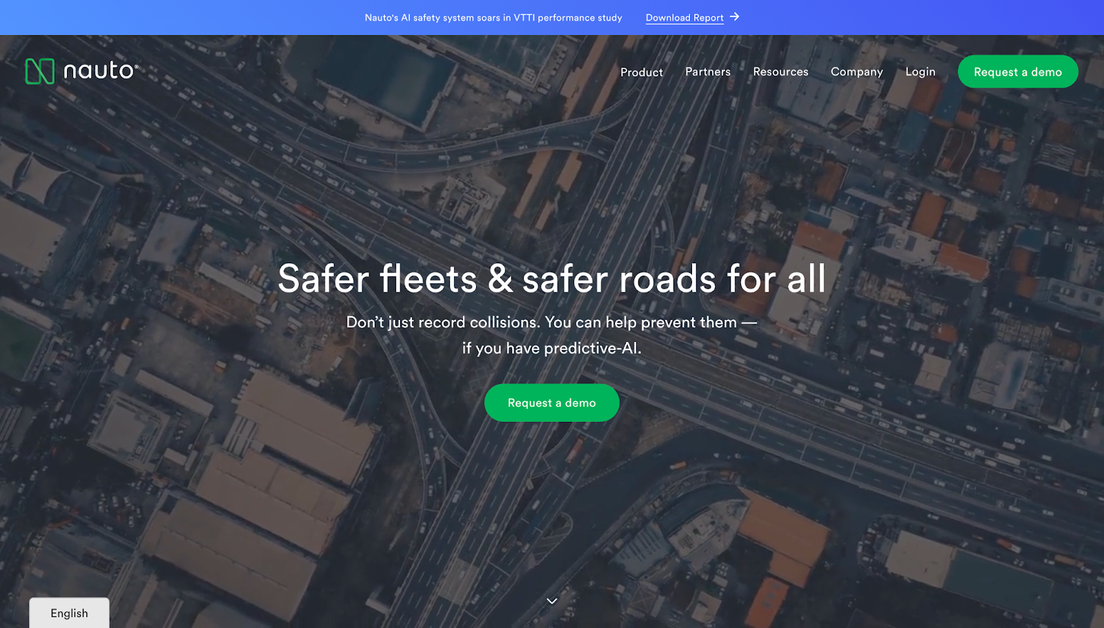 A screenshot of Nauto's website with a notification bar and full-screen video with text overlay.
