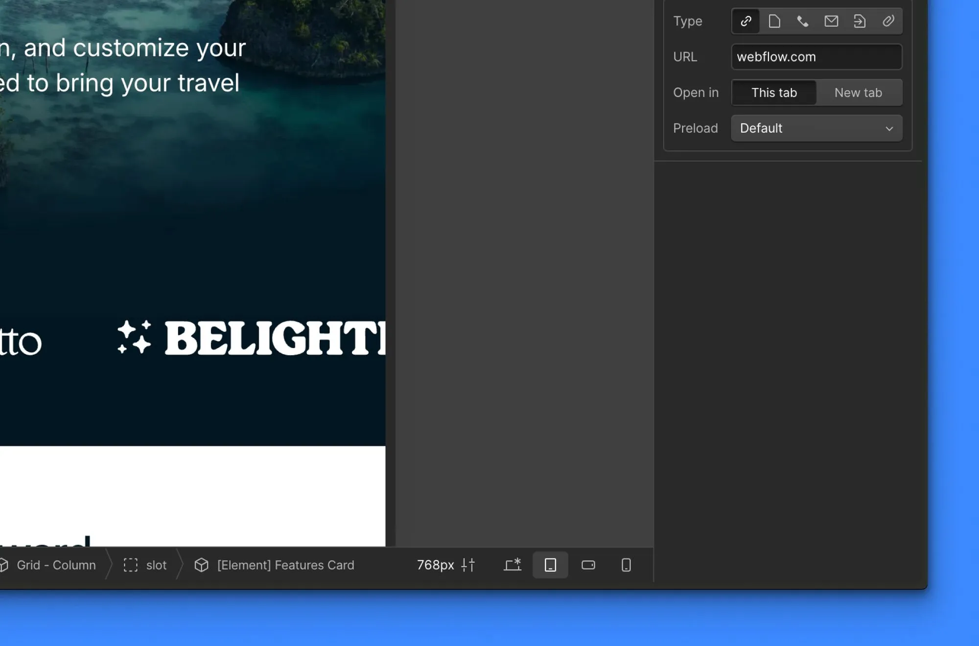 A screenshot of Webflow showing the canvas toolbar and the four breakpoints: desktop, tablet, mobile landscape, and mobile portrait.