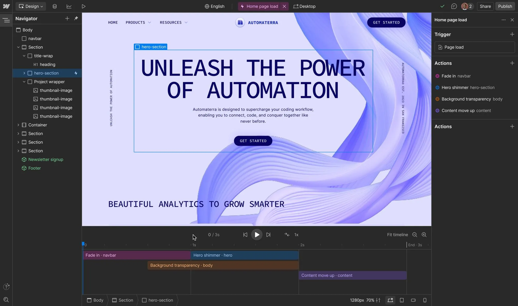 A screenshot of Webflow showing the horizontal animation timeline, a new feature of IX3.