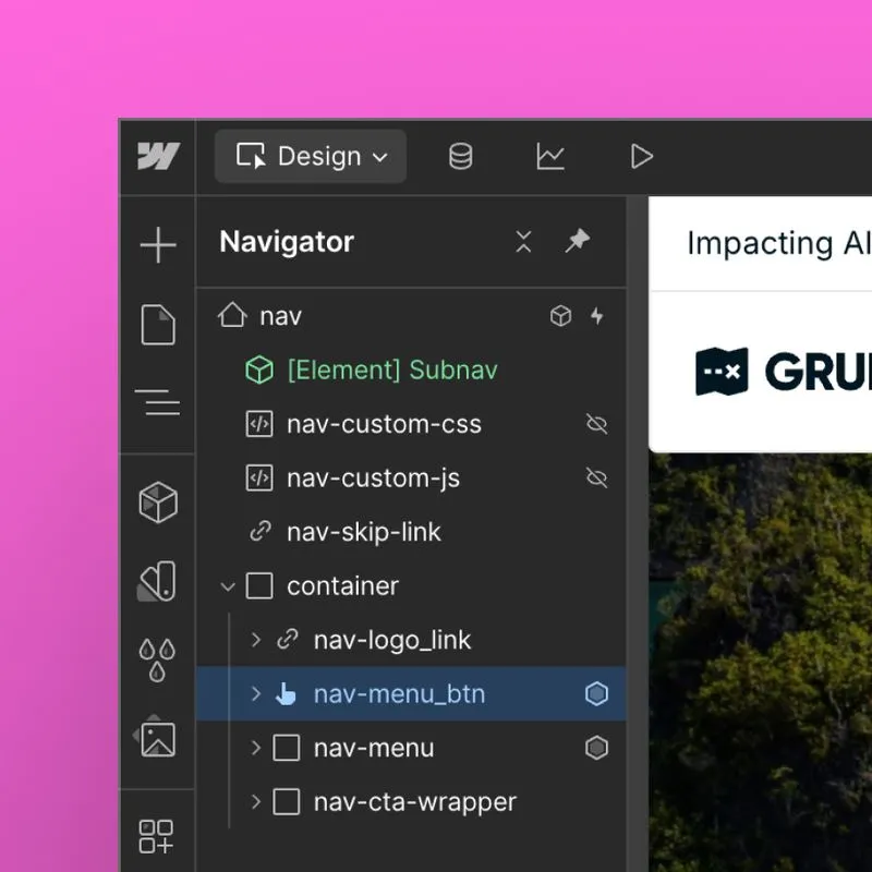 A screenshot of the Webflow navbar component on the Gruppo site.