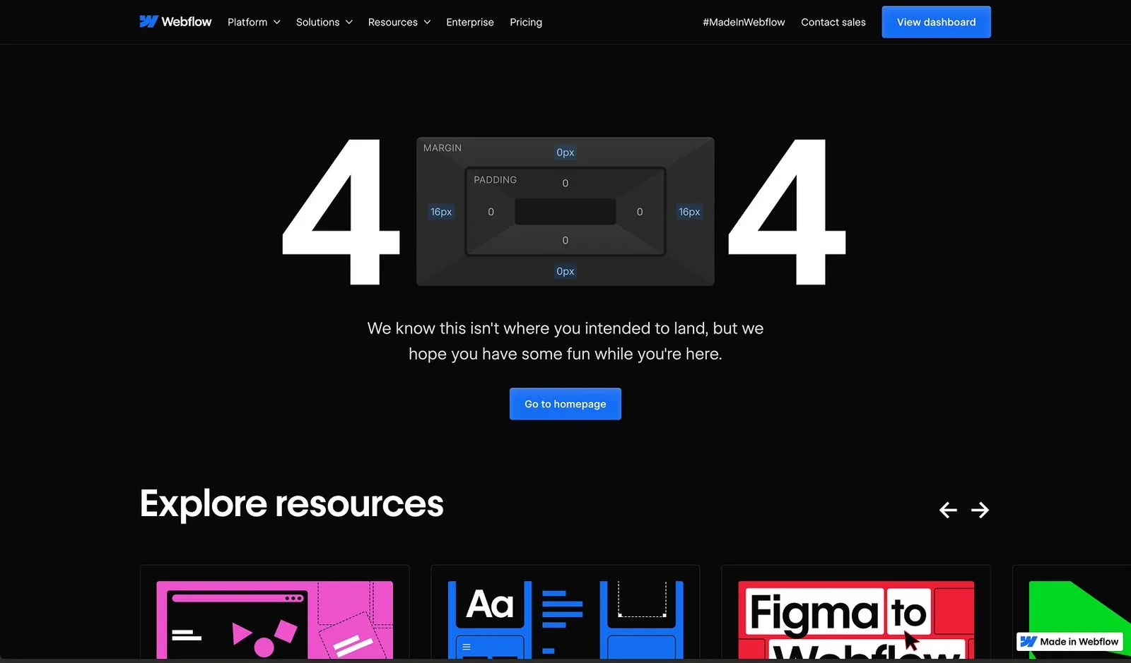A screenshot of Webflow's 404 page, featuring an interactive padding controller.