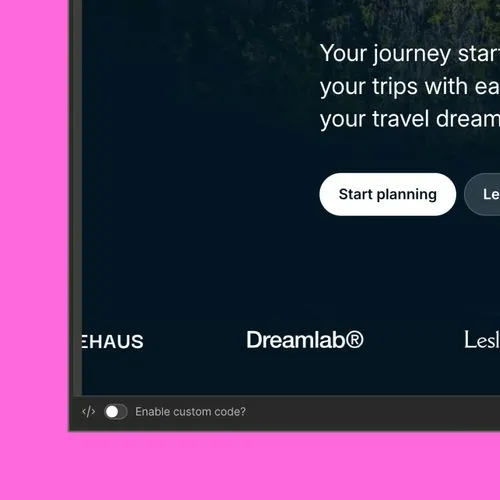 A screenshot of Webflow in preview mode showing the custom code toggle.