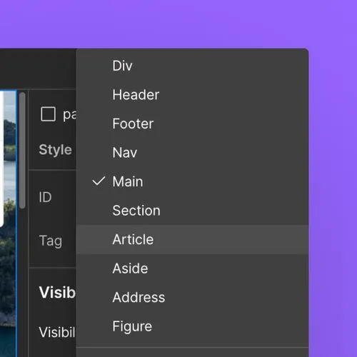 A screenshot of Webflow showing the tag dropdown with various semantic tag options.